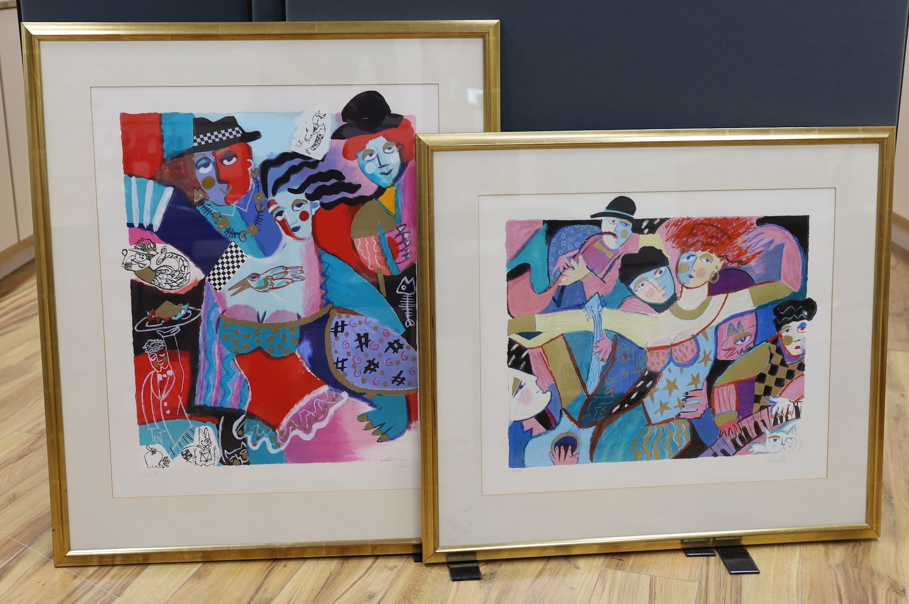 Two modern limited edition prints, ‘Show Time’ and ‘Dancing Woman’, indistinctly signed, 120/350 and 269/350, 66 x 55cm and 50 x 60cm